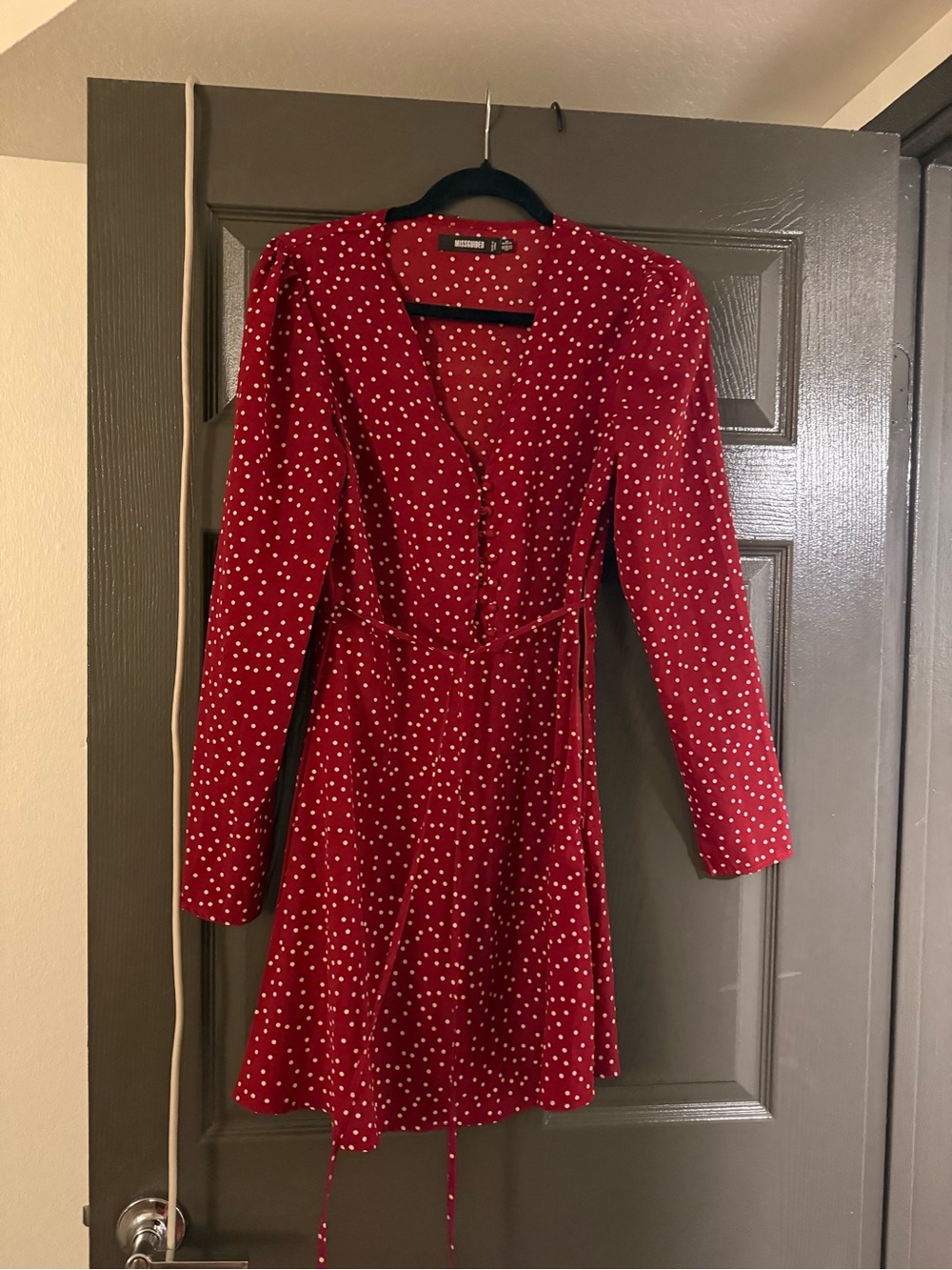 Missguided Red Polka Dot Long Sleeve Buttons Dress